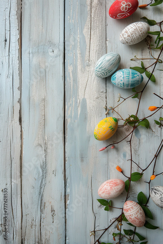 Happy Easter with colorful eggs on a wooden background
