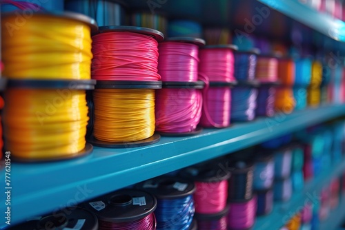 Spools of colorful 3D printing filament.