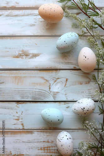 Happy Easter with colorful eggs on a wooden background