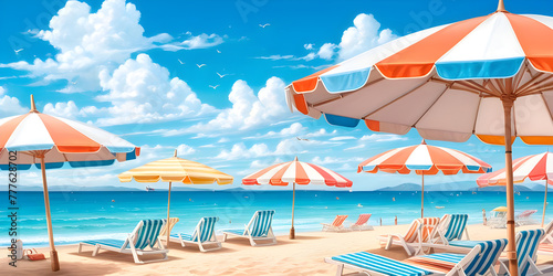 A sandy beach with colorful umbrellas and sun loungers