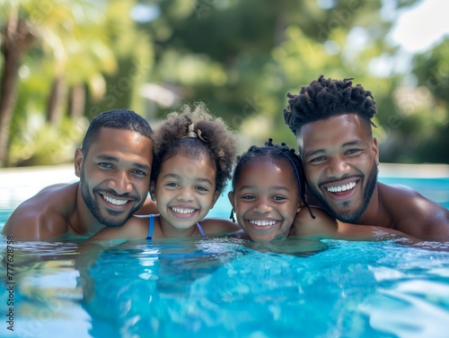 A happy family smiles together in a swimming pool on a sunny day, perfect for themes of family bonding and summer vacations.