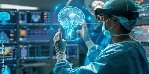 A doctor in scrubs uses AR glasses to interact with a holographic brain scan in a high-tech, futuristic medical setting, suggesting innovation in healthcare. photo
