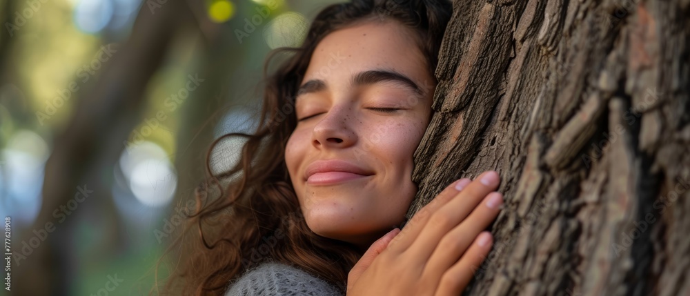 A woman hugs a tree, evoking a sense of peace and connection with nature, suitable for themes like Earth Day or wellness. A woman hugs a tree, evoking a sense of peace and connection with nature, suitable for themes like Earth Day or wellness.