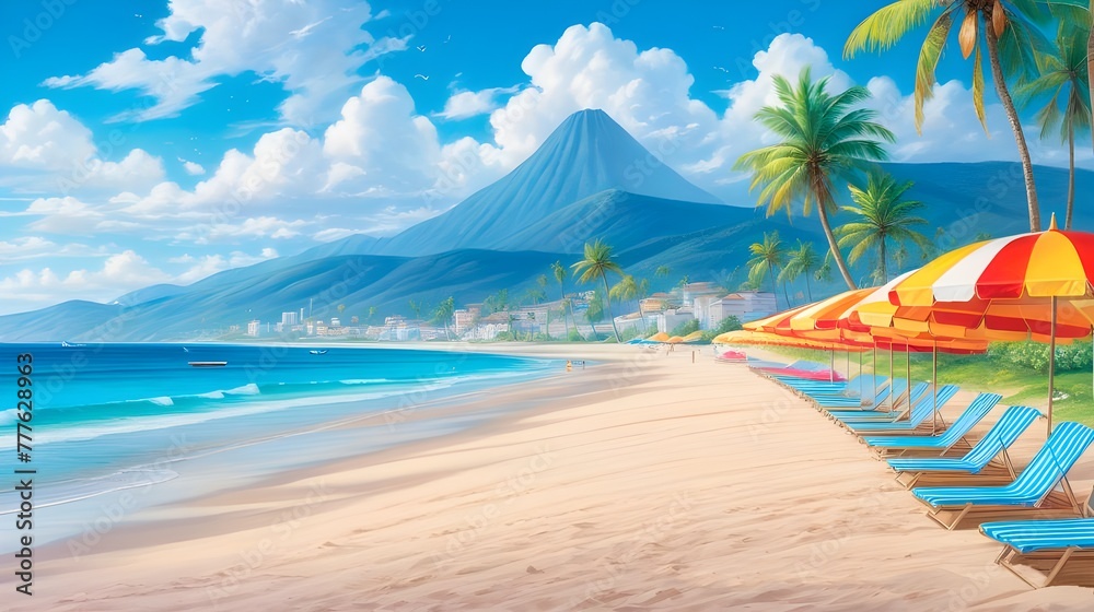 Fototapeta premium A sandy beach with colorful umbrellas and sun loungers