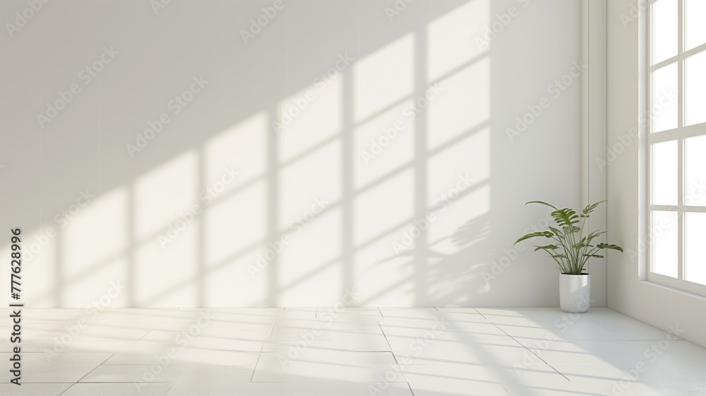 Fototapeta premium Sunlit minimalist room with white walls and shadow patterns from a window casting light on the floor and a single plant pot as decor. Ideal for real estate, interior design showcases.