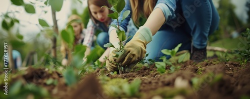 A group participating in a tree-planting event, ideal for themes like Earth Day, environmental education, or community gardening projects.