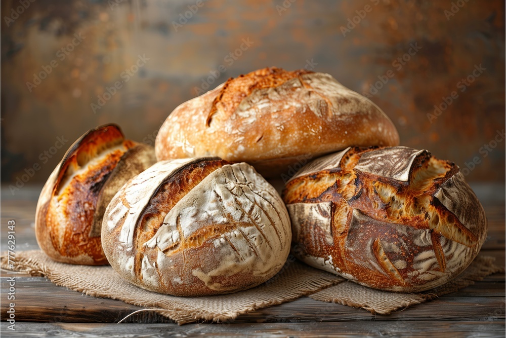 Artisan sourdough loaves on a rustic wooden table, showcasing the trend of home baking and natural fermentation, warm, earthy tones with a focus on crust texture