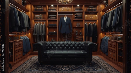generative AI to bring to life a scene depicting the interior of a wealthy man's closet, showcasing a comfortable black sofa amidst rows of opulent suits attractive look