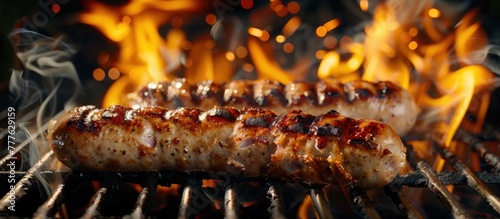 A close-up view of organic white pork s being grilled on a hot grill, with flames licking the meat, creating a charred and flavorful exterior.