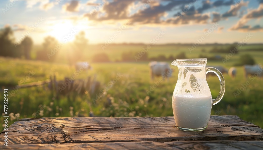 Milk with hay on wooden table and cow grazing in meadow.wooden table top with grass field and cows background. Milk with hay on wooden table and cow grazing in meadow.wooden table top with grass field and cows background.