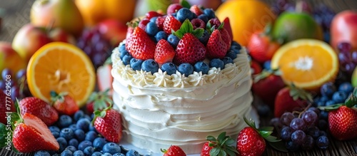 A detailed view of a cake adorned with assorted fruits around it  creating an enticing display of flavors and colors.