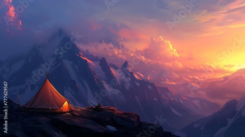 a scene capturing the magic of a tent on a mountain peak at sunset, with the sky painted in hues of orange and pink attractive look #777629567