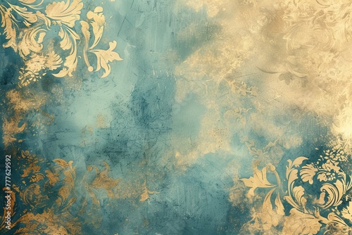 Vintage background with blue and gold floral ornament  copy space.
