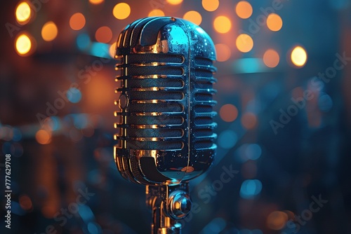 Vintage microphone with bokeh lights.