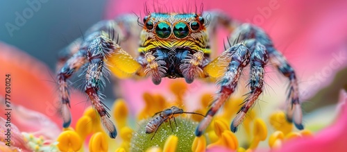 Detailed view of a Carrhotus xanthogramma jumping spider resting on a flower. photo