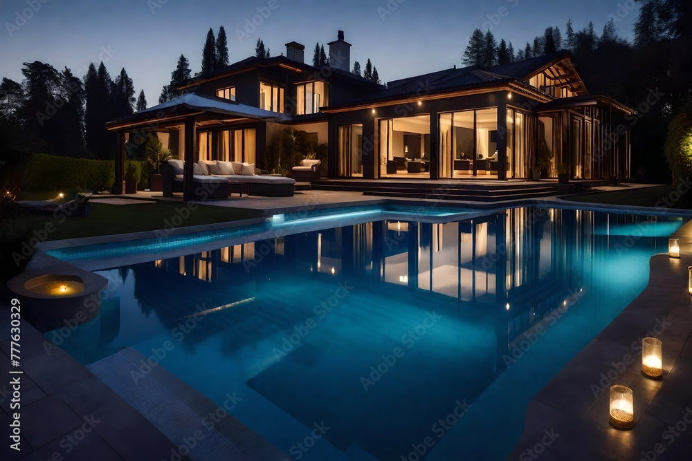 Luxury home with swimming pool in night.