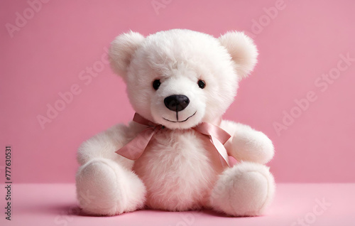 A hyper realistic pink teddy white background 