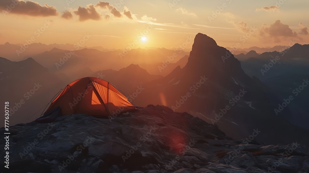 a scenic view of a tent on a mountain summit during the golden hour, capturing the beauty of the sunset attractive look