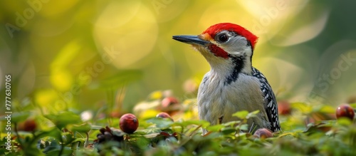 A red-headed woodpecker stands in the grass.