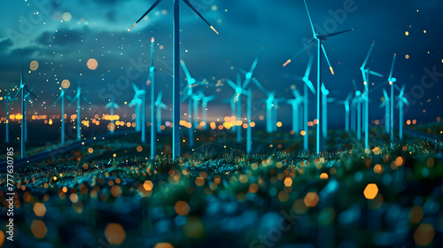 Night Lights and Wind Turbine in Green Environment photo