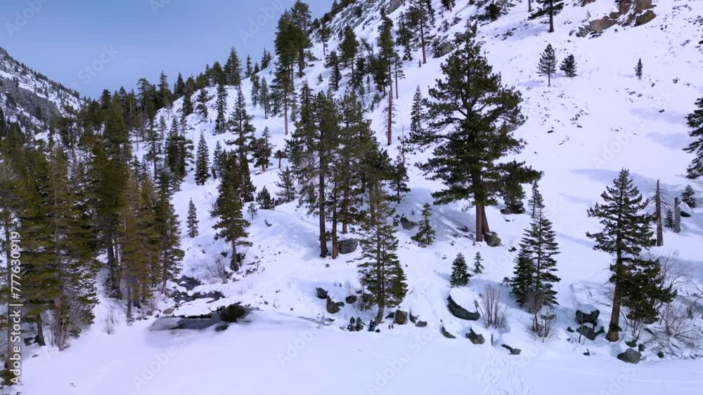 Aerial view ascent of Eagle Lake in Desolation Wilderness, Lake Tahoe, California