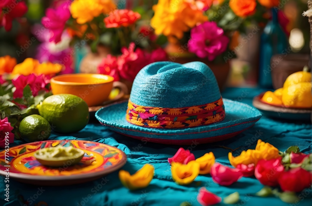 Cinco de Mayo, sombrero rests on a table next to a bowl of green limes