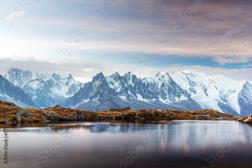 Sunny day on Lac Blanc lake in France Alps