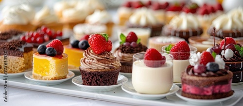 A variety of delectable desserts including cakes, tarts, cookies, and pastries are artfully arranged on a tray, ready to be served. © FryArt