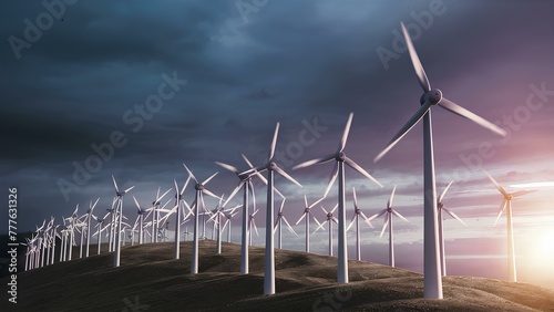 A detailed drawing of a wind turbine farm on a hillside photo