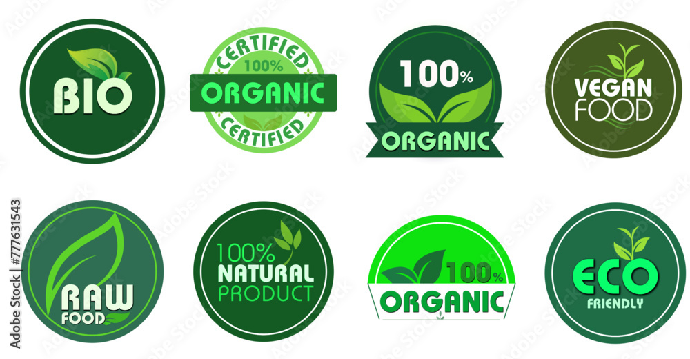 Organic Natural icon badges, eco Friendly, 100% organic, vegan food, raw food