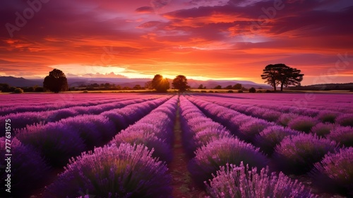 A lavender field with a vibrant sunset and a purple sky
