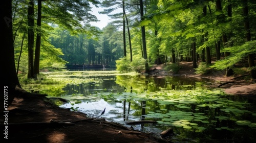A tranquil scene of a forest pond with clear water and green trees