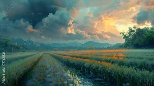 Use AI to craft an image that conveys the intensity of a rice field in the presence of a storm, highlighting the beauty of the agricultural landscape amidst the tempest attractive look photo