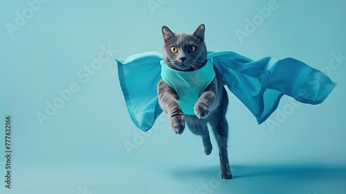 A superhero cat, adorned in a blue cloak and mask, leaps gracefully across a light blue backdrop, evoking a sense of courage and determination, real photo, stock photography  ai generative