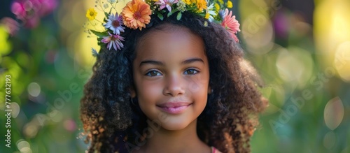 A young girl with curly hair is wearing a flower crown on her head, smiling brightly. photo