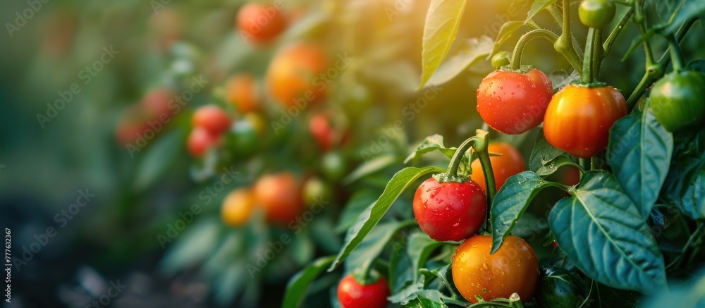 Cluster of ripe red tomatoes growing on green leafy plant in bright sunlight.