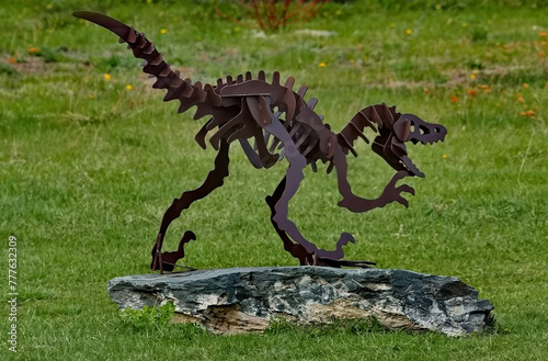 Elecmonar. Russia. May 11, 2023. Unusual sculptures of prehistoric animals from set plates in the Gorny Altai Paleopark. © Александр Катаржин