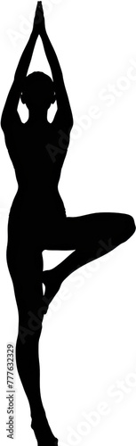 Silhouette of a woman in Tree Pose capturing the essence of balance and tranquility in yoga practice cut out on transparent background