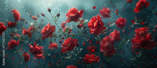 A cluster of red rose blossoms suspended in the air, appearing weightless and ethereal.