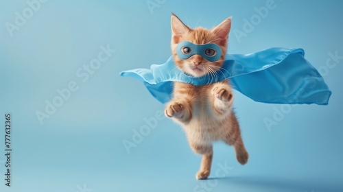 A superhero cat, adorned in a blue cloak and mask, leaps gracefully across a light blue backdrop, evoking a sense of courage and determination, real photo, stock photography  ai generative © SazzadurRahaman