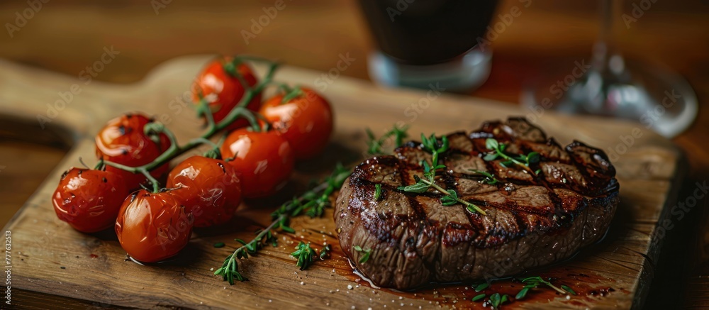 A raw steak and ripe tomatoes are displayed on a wooden cutting board, ready to be prepared for cooking.