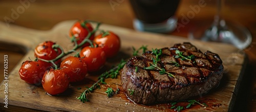 A raw steak and ripe tomatoes are displayed on a wooden cutting board  ready to be prepared for cooking.