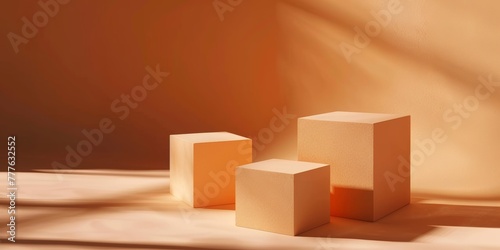 orange background for product presentation with shadows and light. Empty podiums. Mockup