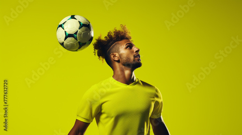 A soccer player executing a perfect header, set against a vivid lime green backdrop.