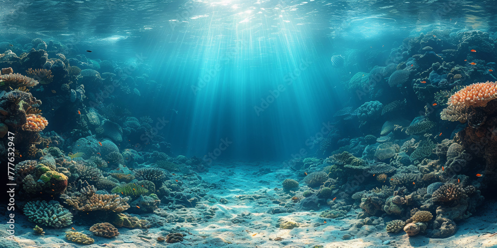 Fototapeta premium Exploring the depths, an underwater world emerges: a serene expanse of azure, teeming with life.