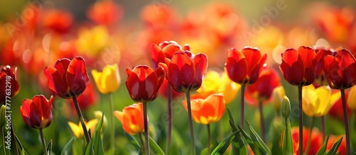 A field filled with vibrant red and yellow tulips in full bloom on a sunny day.
