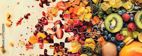 Fruit puzzle pieces coming together to form a brain, the importance of diet in mental fitness