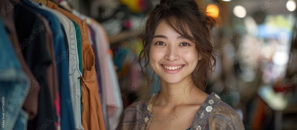 A young Chinese woman confidently smiles as she stands in front of a rack filled with various pieces of clothing. A young Chinese woman confidently smiles as she stands in front of a rack filled with various pieces of clothing.