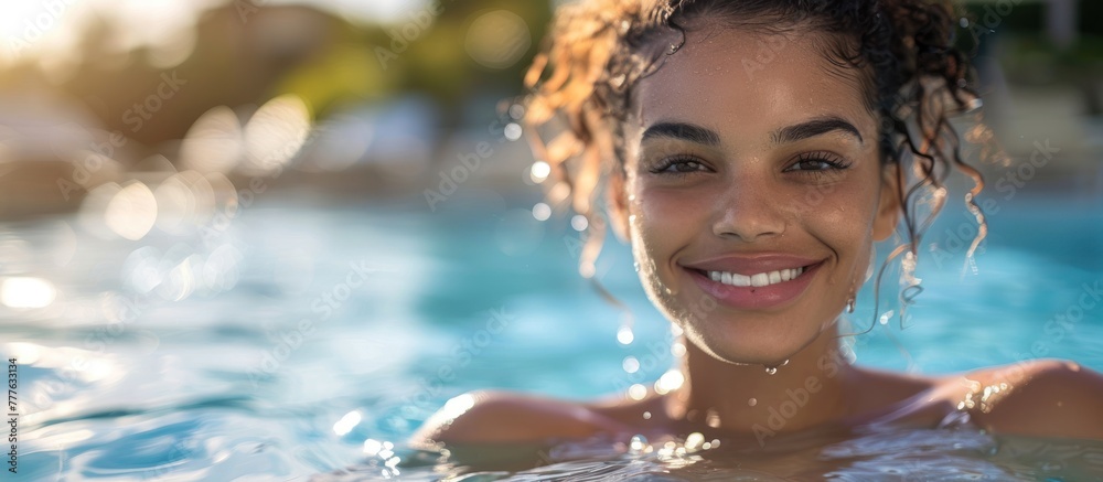 A young Latin woman joyfully smiles while swimming in a pool on a sunny day.