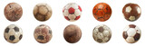 Vintage collection of soccer balls showcasing the timeless spirit of the sport cut out on transparent background